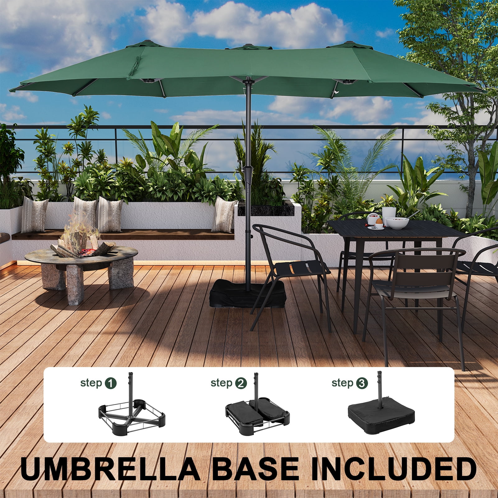 Ainfox 15ft Large Patio Umbrella, Double-Sided Outdoor Rectangle Table Umbrellas with Fillable Weighted Sand Bag Base，Green