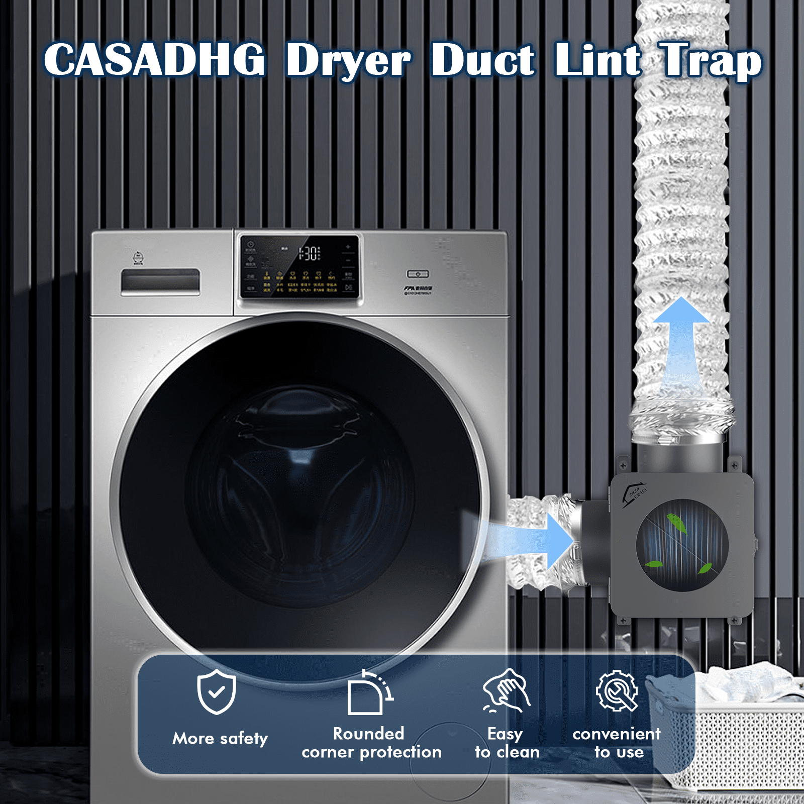 CasaDHG Dryer Lint Trap,90-degree Indoor Dryer Vent Lint Trap with 4inch Dryer Vent Hose,2 Clamps,Lint Catcher for Dryers-Dryer Vent Box (Metal)