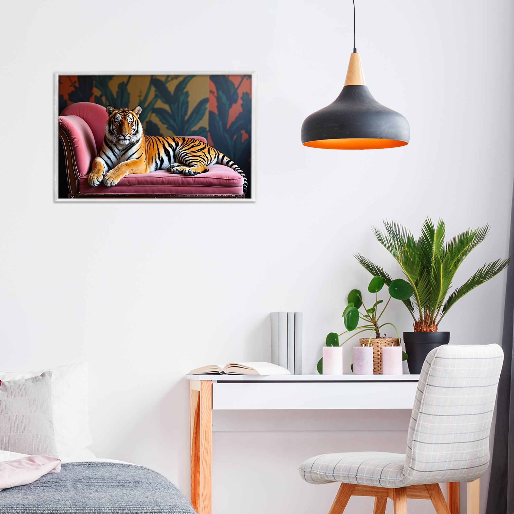 Exotic Tiger Lounging White Framed Giclee Art, design by Lettered and Lined