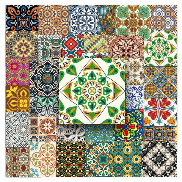 Pegatinas de azulejos con estampado floral bohemio vintage, 50 unidades