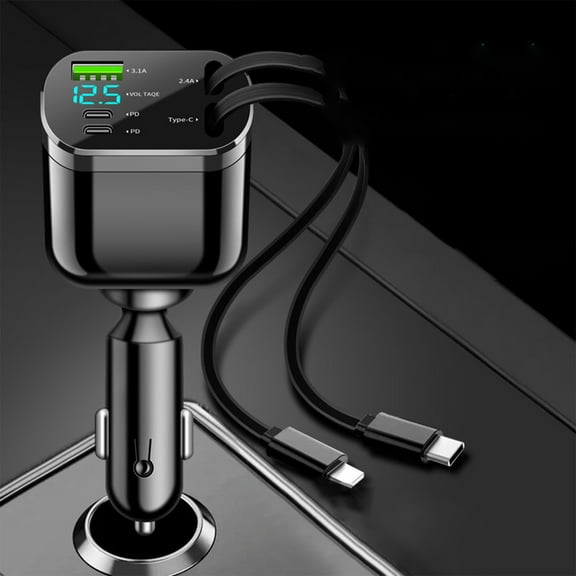 Fast Charging Car Charger with Retractable Cables, 5-Port USB Quick Charge, LED Digital Display for Battery Voltage, Multiple Safety Protections, Compatible with 12V/24V Vehicles