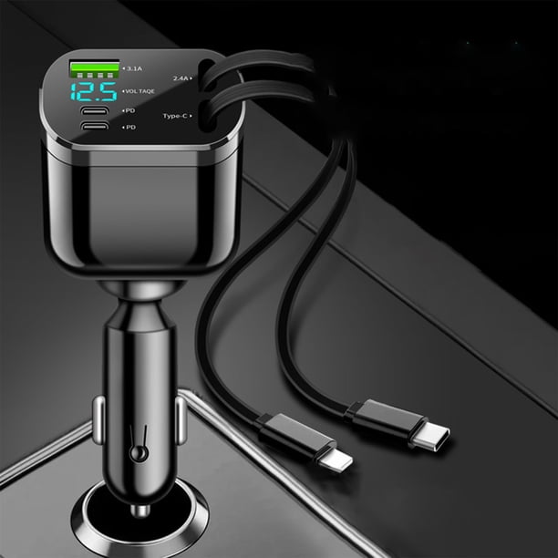 Cargador de coche telescópico plegable | Adaptador de carga rápida de 5 puertos | Salida USB Tipo-C PD | Monitorización inteligente de batería con LED | Universal 12V-24V | Cables retráctiles