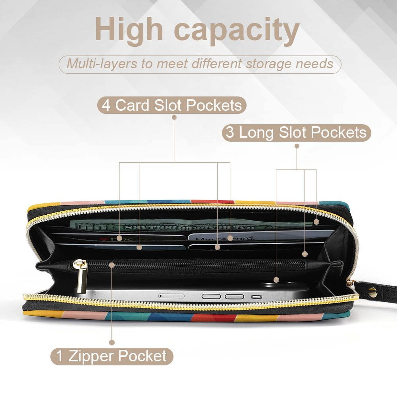 Womens Wallet Bifold Ladies Cluth Bag Wristlet Wrist Strap Long Purse Colorful Waves Vibrant Dynamic Design