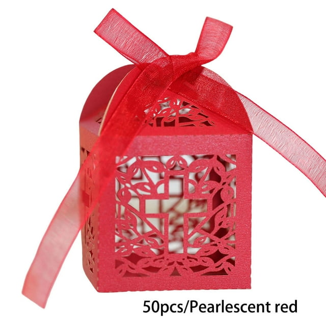 50 Pieces Gift Boxes Snack Engagement Case Solid Chocolate Cookie Package Holder Paper Decorative Atmospheres Packing Ribbon Hollow Container Red
