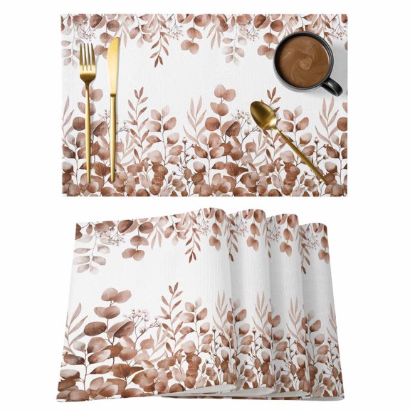 Brown Red Eucalyptus Leaves Placemats Set of 6, Watercolor Spring Summer Botanical Placemats for Dining Table, Place Mats for Kitchen Tabletop, Waterproof Wipeable Dining Table Mats Set