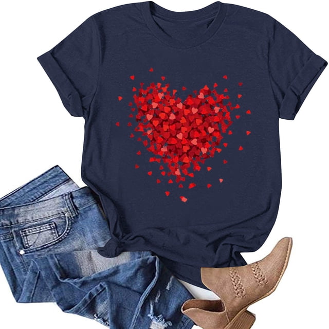 TIMIFIS Hauts à Manches Courtes pour la Saint-Valentin pour Femmes Mode Décontractée Col Rond Imprimé Cœur d'Amour T-Shirt d'Été Ample Col Rond