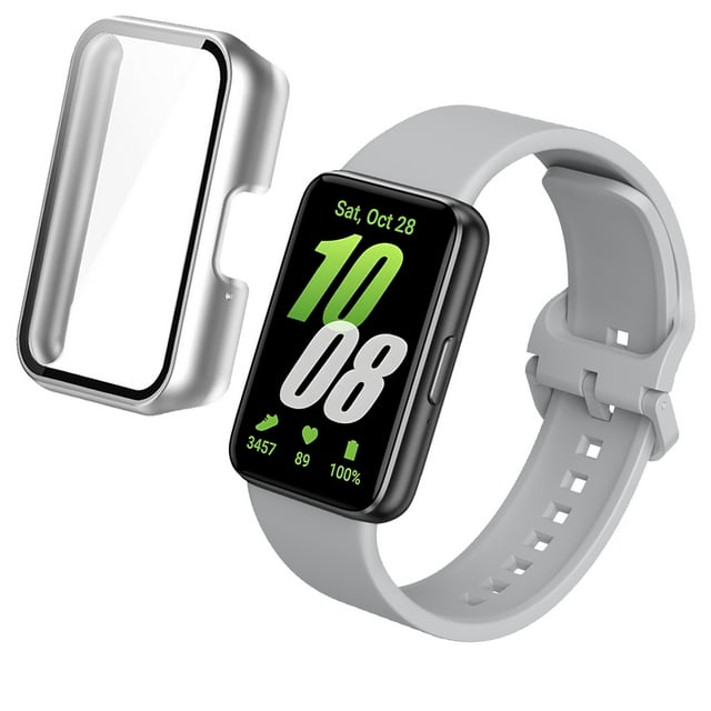 Glass Case+Silicone Band For Samsung Galaxy Fit 3 Strap Screen Protective Cover For Samsung Galaxy Fit 3 Bracelet Watchband Light Gray For Galaxy Fit 3