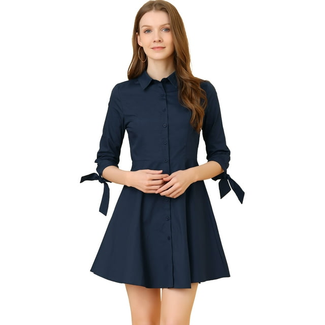 Unique Bargains Femmes Col Manches 3/4 Bouton vers le Bas de Coton Skater Chemise Robes
