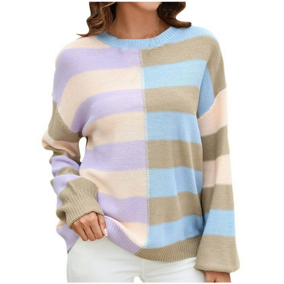 Scyoekwg Fall Sweaters for Women Long Sleeve Fall Winter Clothes Warm Casual Knitted Sweater Crewneck Sweater Striped Pullover Sweater Tops(Khaki,XL)