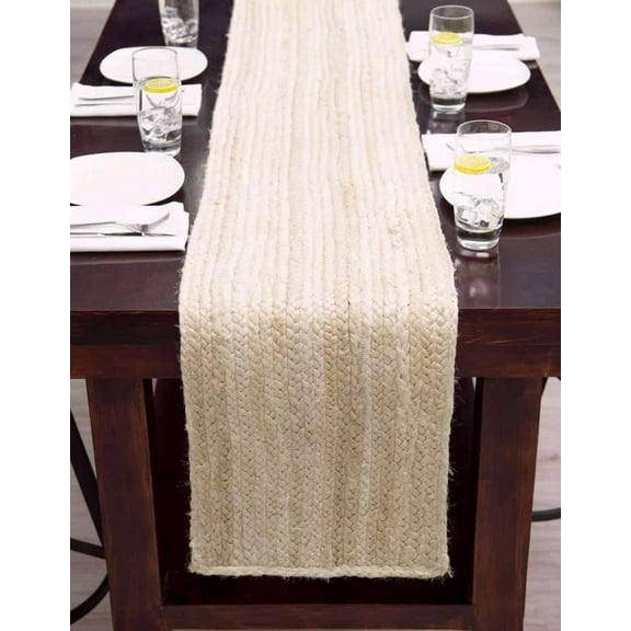 Indian Handmade White Jute Table Runner Rug – 13 x 96 – Indian Handwoven Dining Table Décor, Kitchen, Coffee Table – Bohemian Farmhouse Decor