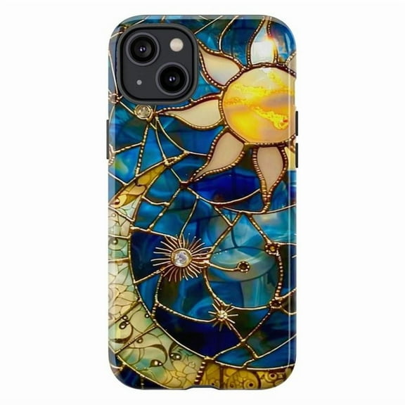 Moon Stars Celestial Glass iPhone Case – Glossy Hybrid Durable Shockproof Phone Cover for iPhone 16, 15, 14, 13, 12, 11, Pro, Plus, Max