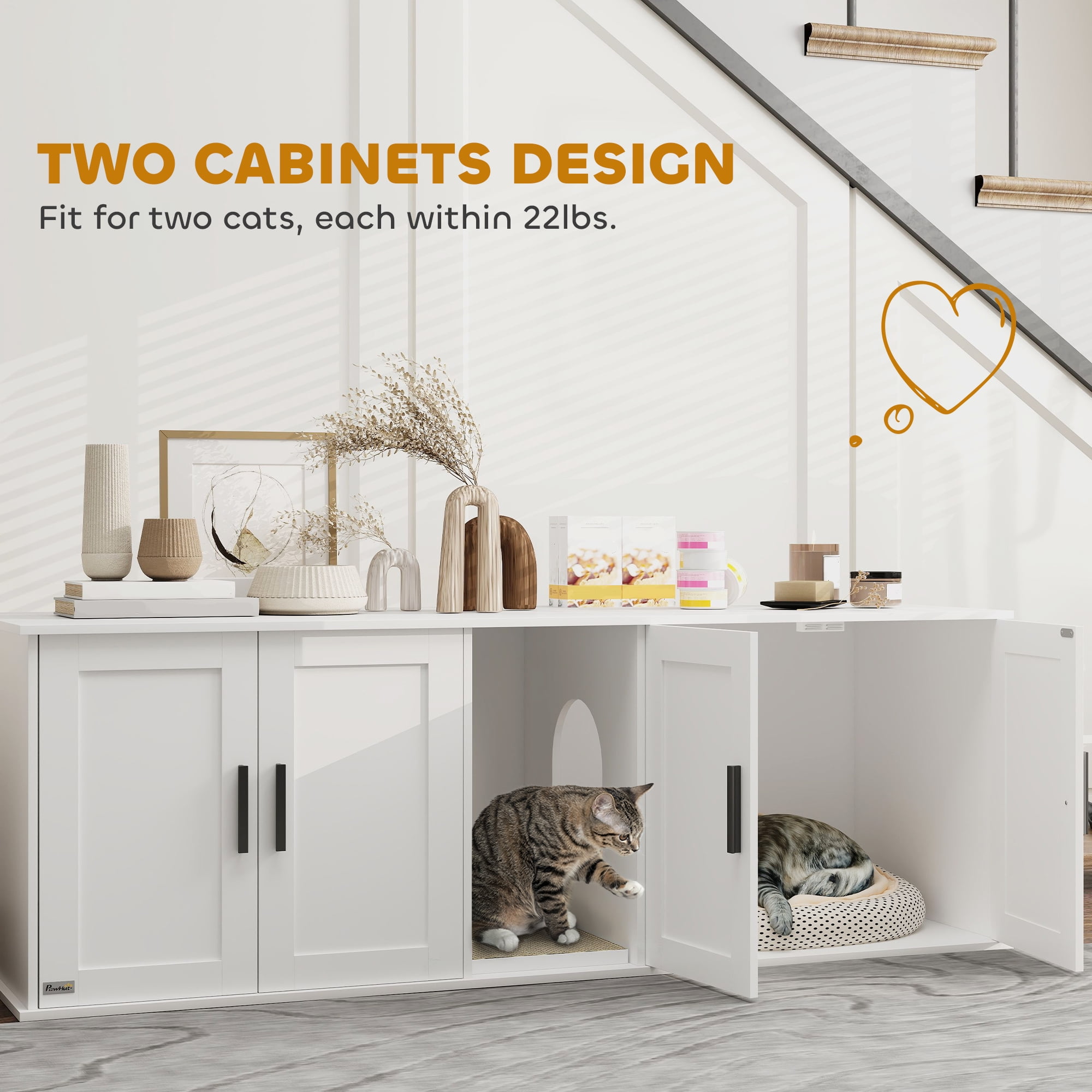 PawHut Cat Litter Box Enclosure for 2 Cats, Cat Washroom Furniture with Double Room, Scratching Mat, 57" x 19" x 20", White