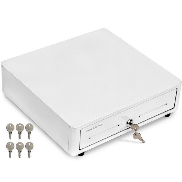 Volcora Cash Register Drawer for (POS) Point of Sale System with Round Corner 13", Removable Coin Tray, 4 Bill/5 Coin, 24V, RJ11/RJ12 Key-Lock, Media Slot,Cash Till for Businesses, White