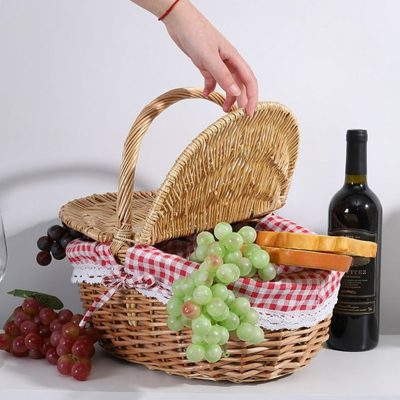 Picnic Basket with Lid - Wicker Picnic Baskets with Lid - Vintage Style Large Woven Basket with Double Folding Handles for Camping, Valentine Day, Thanks Giving
