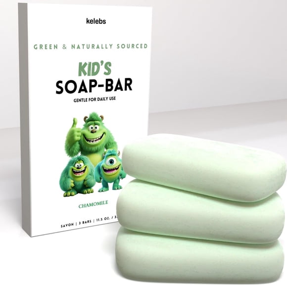 KELEBS Barra de jabón hipoalergénica para niños, paquete de 3, gel de baño de manzanilla orgánico y suave para niños, ingredientes naturales, hora divertida del baño