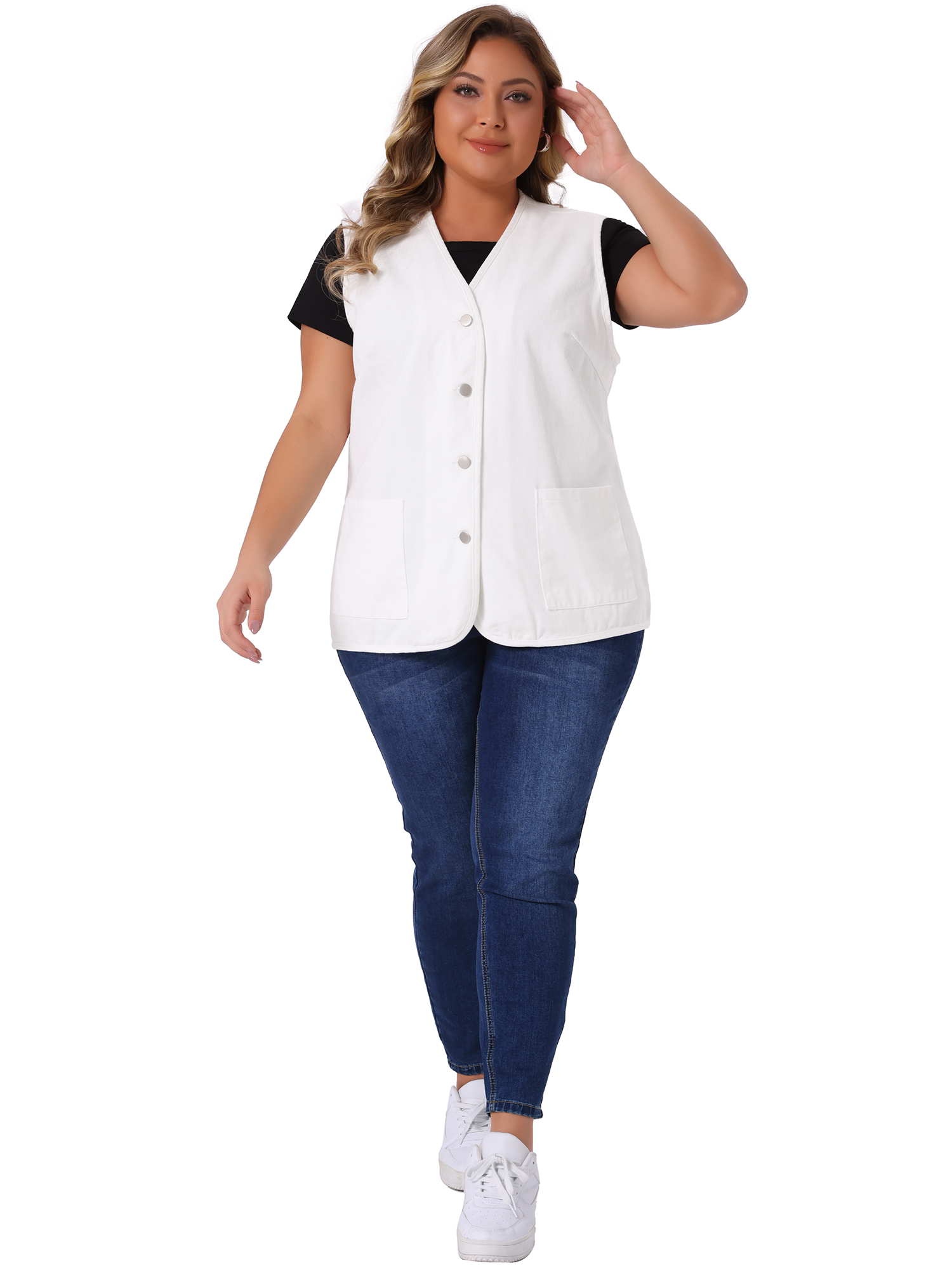 DARING DIVA Women's Plus Size Sleeveless Button Down Denim Waistcoat Vest 2X White