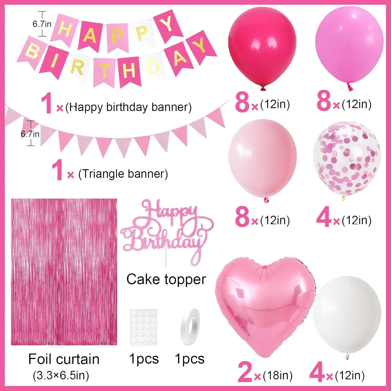Hot Pink Birthday Decorations for Girls,Happy Birthday Banner Party Decoration Fringe Curtain Heart Foil Balloons for Women Party Decorations