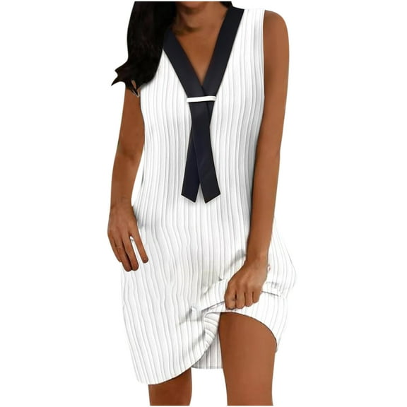 Edvintorg Dresses for Women 2025 Casual Fashion Printed V Neck Sleeveless Tank Dress Summer Dresses for Women Trendy White S