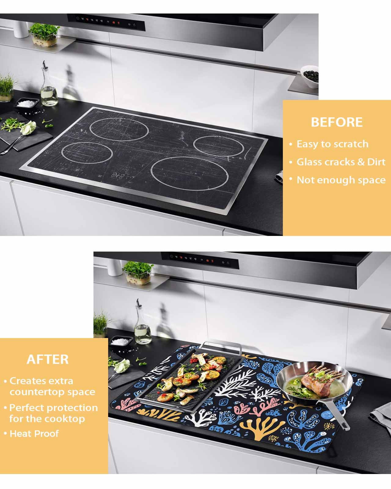 nqOlkjepod Large Induction Cooktop Protector Mat 24"x21", Blue Yellow White Coral Stove Top Covers for Electric Stove, Coastal Watercolor Ocean Stove Burner Cover Mats, Glass Top Stove Cover