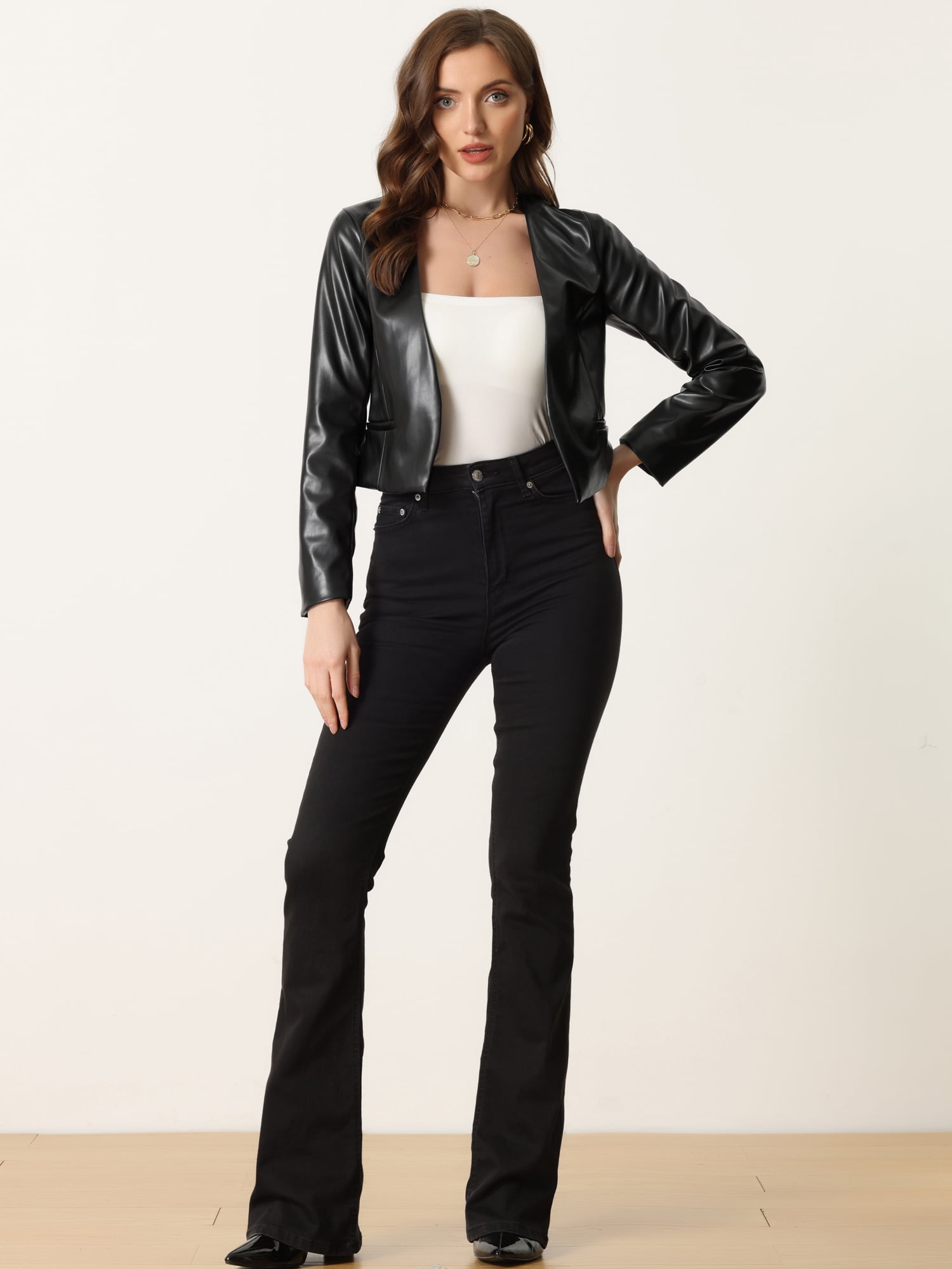 DARING DIVA Women's Crop Collarless PU Moto Biker Jackets S Black