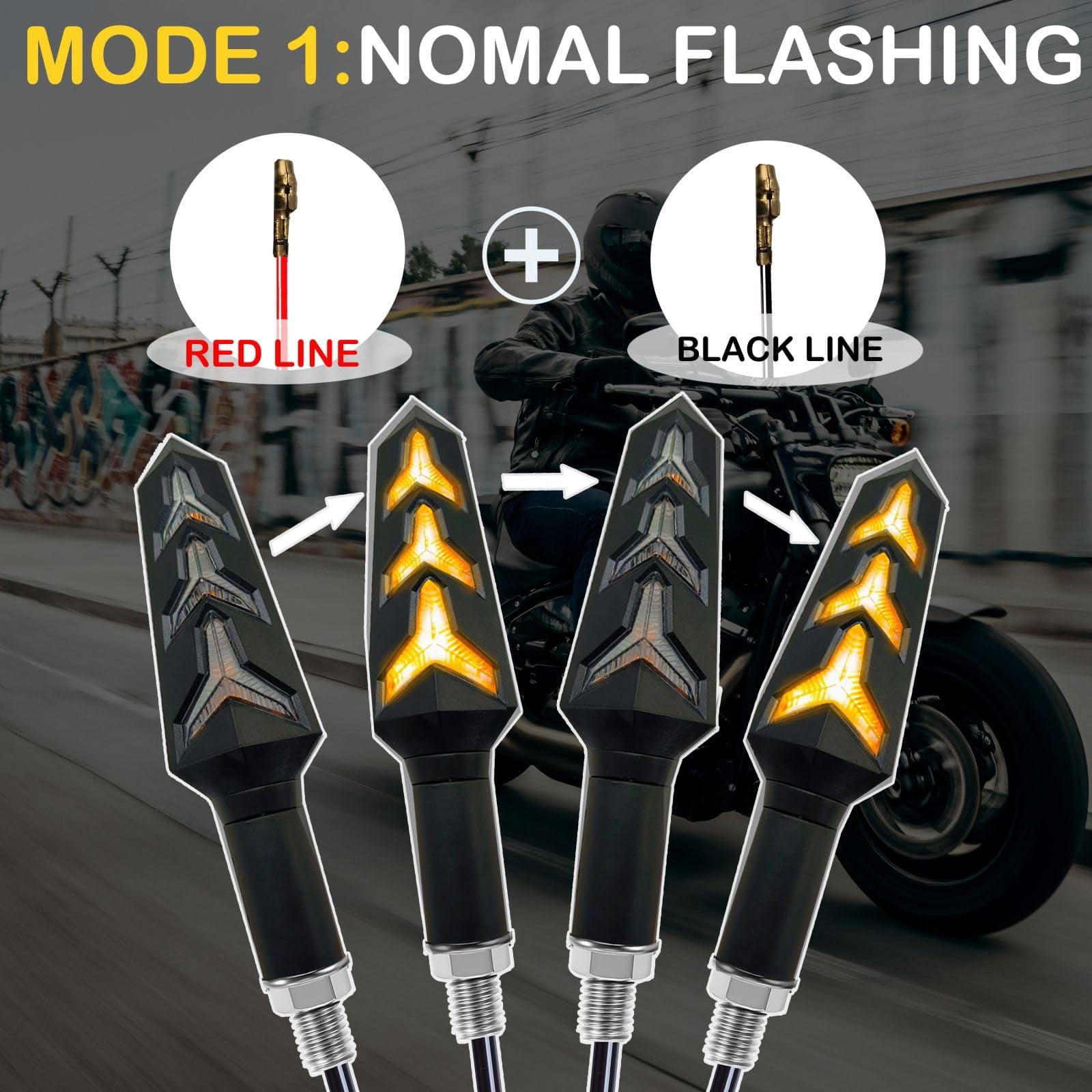 VRWEARE 4PCS Universal Motorcycle Turn Signals LED 12V 3 Wire Flowing Indicator Lights 14 Bulbs Compatible with Motorbike Scooter Quad Cruiser Yamaha Harley Suzuki Off Road