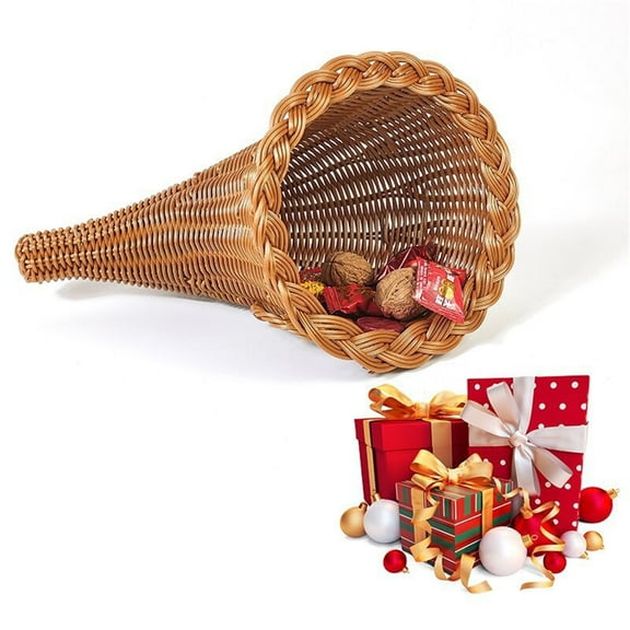 Loyerfyivos Christmas Wicker Cornucopia Basket Horn of Plenty Grapevine Harvest Fall Basket Rattan Storage Basket Decorative Fruit Basket Bread Serving Basket for Christmas Table Decor