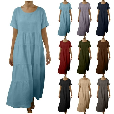 BiZtdJrK Cotton Linen Dresses for Women Solid Color Boho Summer Short Sleeve Maxi Dress Beach Flowy Swing Pleated Sundress Black M