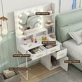 thumbnail image 3 of Vanity Table with LED Lights, Makeup Vanity Set with 3 drawers and 1 cabinet & Open Shelves, Dressing Table with Mirror for Bedroom, White Vanity Desk with Storage Cabinet, Gold Handles, 3 of 7