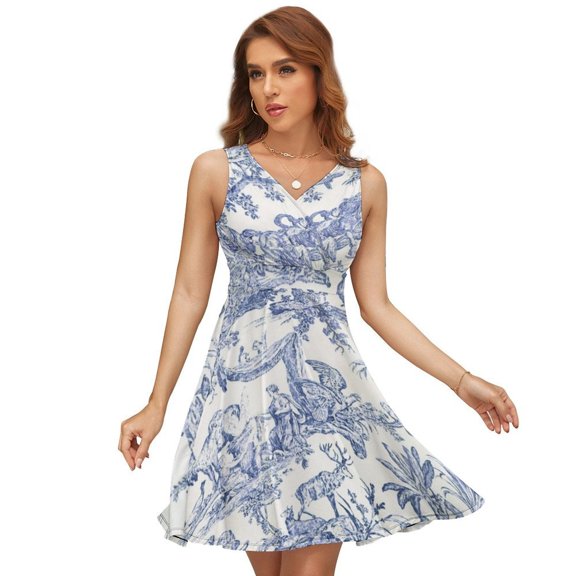Blue Toile De Jouy Sundress Sleeveless Dress Summer Women Clothes Dress for Women Dresses