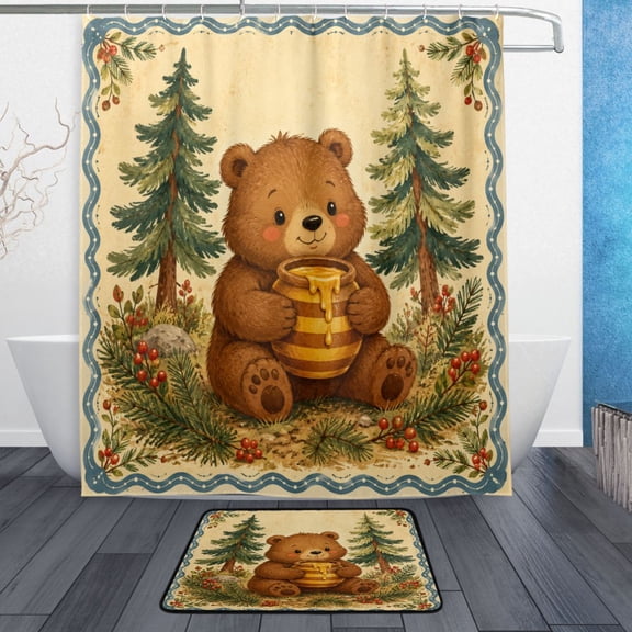 TTYFWHD 60" x 72" Shower Curtain and Bath Mat Set Vintage Forest Honey Bear Waterproof Bathroom Curtain with 12 Hooks, Bathroom Decor Set