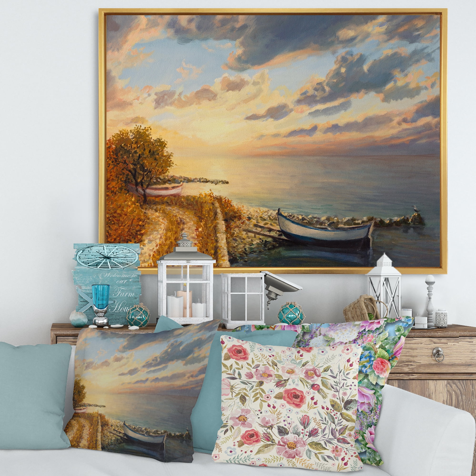Designart 'Romantic Morning By The Sea' Nautical & Coastal Framed Canvas Wall Art Print