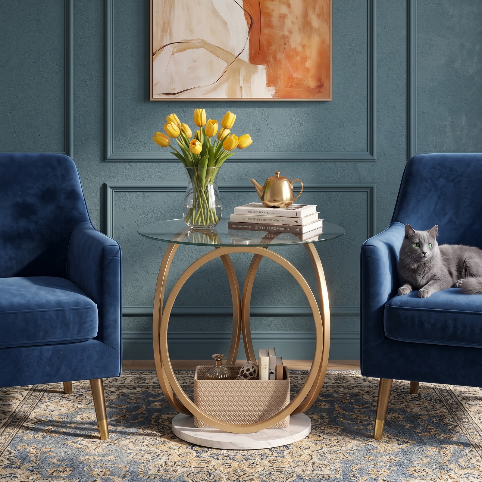 Furnibear Round End Table Faux Marble Side Table with Tempered Glass Tabletop, Modern Accent Nightstand Sofa Coffee Table with Metal Frame for Living Room Bedroom, Gold