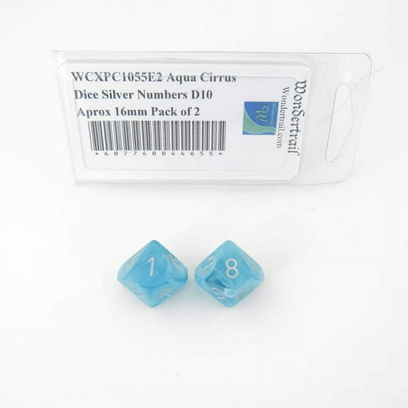 Aqua Cirrus Dice with Silver Numbers D10 Aprox 16mm (5/8in) Pack of 2 Wondertrail