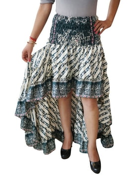 Mogul Womens Gypsy Fairy Skirt Hi Low Recycled Sari Printed Free Falling Flirty Twirling Ruffle Skirts