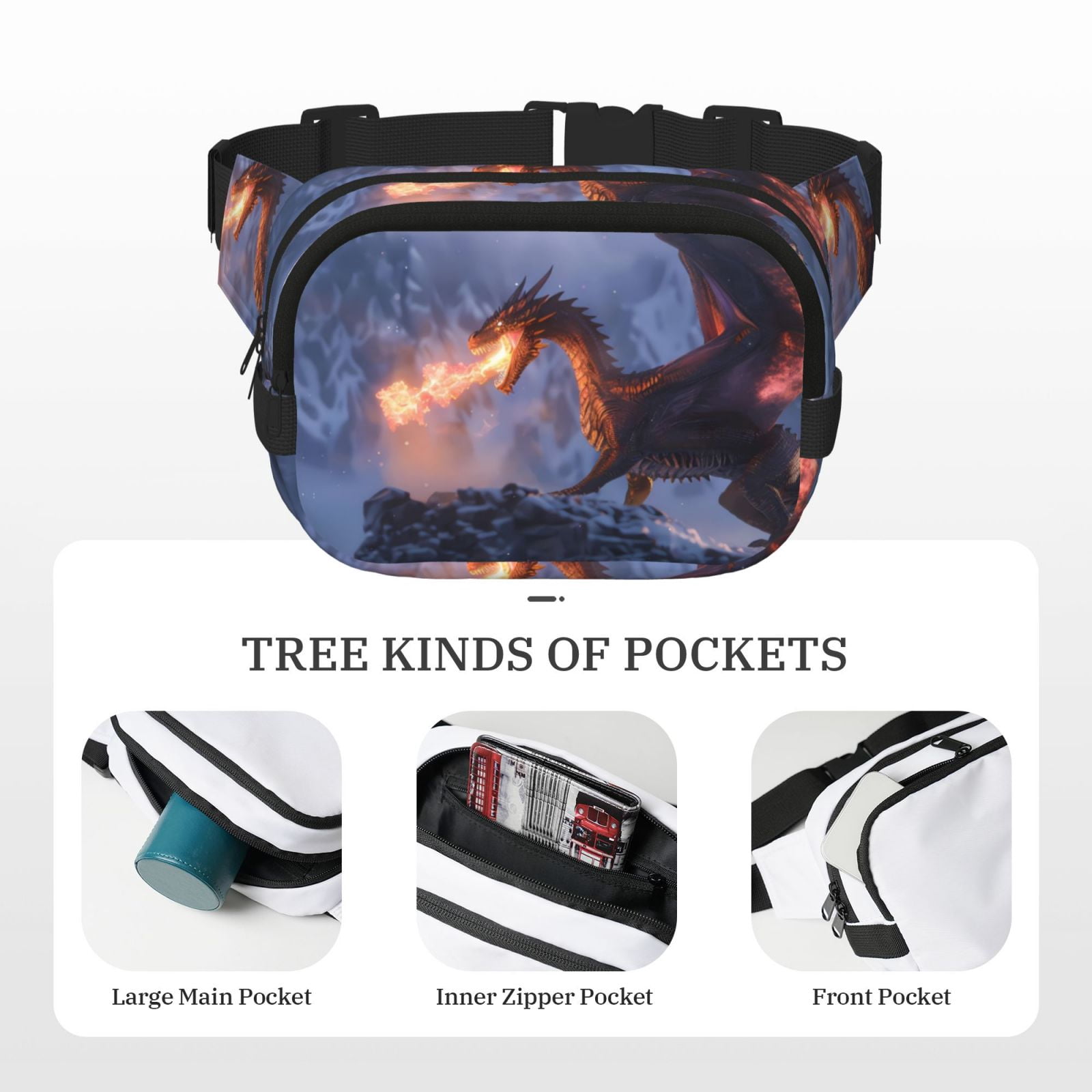 Picia Winter Fire Dragon Print Square Double-Layer Waist Bag Mini Adjustable Waist Belt Bag Exercise Running Travel Hiking