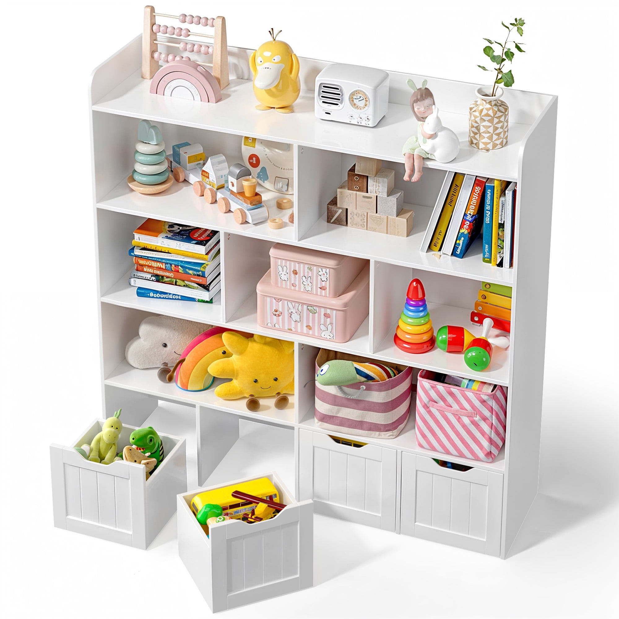 Lofka Kids Bookshelf and Toy Storage Organizer with7 Storage Cubes, 4 Movable Bins & Raised Edge Top, White