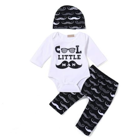 

Journey 3 Pcs/Set Summer Boy Long Sleeve Jumpsuits Pants Hat Beard Printed Rompers Trousers Cap Baby Clothes Outfits
