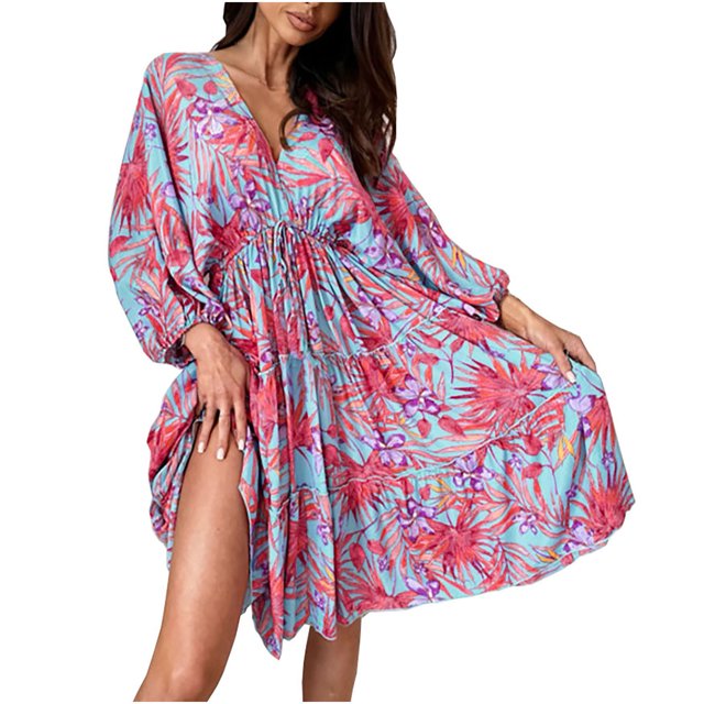 Robe d'Été Ample pour Femmes Col en V Manches Courtes Imprimé Robe Ample Manches Courtes Col en V Robe d'Été avec Manches pour Femmes Robe d'Été Courte pour Femmes