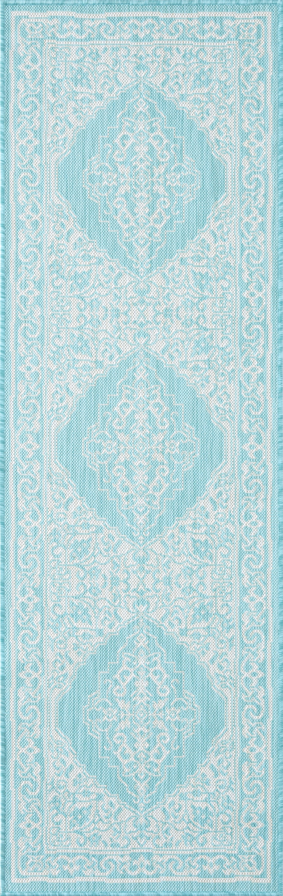 Bliss Rugs Floral Indoor Outdoor Rug Water Resistant Runner Rug for Patio, Hallway, Entryway, Deck, Aqua ,2' x 8'