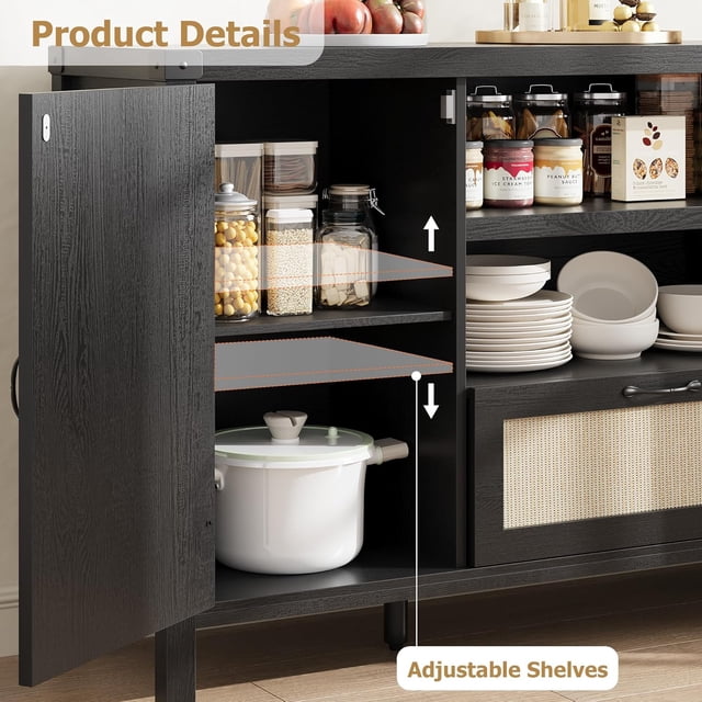 Farmhouse Coffee Bar Cabinet – 59.1" & 47.2" Rattan Sideboard Buffet with Storage Drawers, Boho Cabinet for Living Room, Kitchen, Entryway – Black