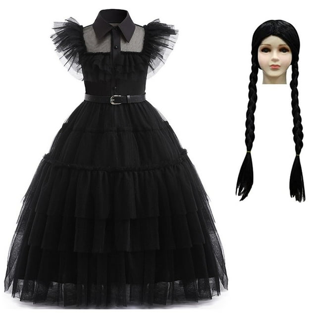 HAWEE Costume de Wednesday Addams pour Filles Robe d'Addams, Costumes d'Addams Robe de Fête Cosplay d'Halloween 4-13 Ans