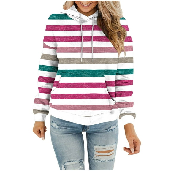 Taqqpue Women Hoodies Fall Striped Print Crew Neck Drawstring Hooded Pullover Shirts Casual Loose Oversized Y2k Long Sleeve Sweatshirts Tops with Pockets for Women