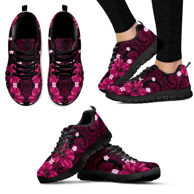 Zapatillas deportivas polinesias tribales moradas con hibisco para mujer, informales, planas, de malla transpirable, para otoño e invierno, para niñas.