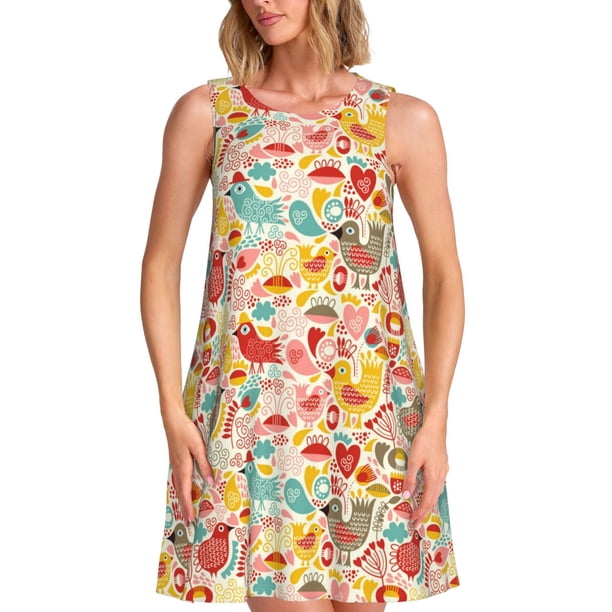 Disketp Colorful Chicken para Vestido sin Mangas para Mujeres, Vestidos de Verano para Mujeres, Casual y Holgado para la Playa
