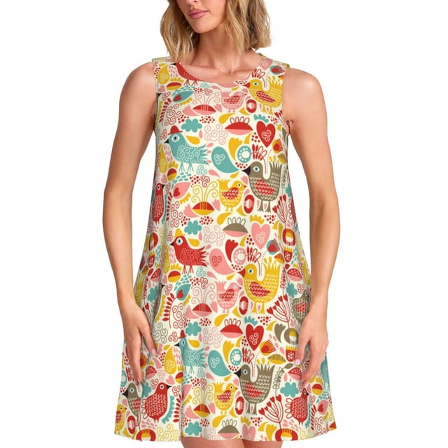 Fotbe Colorful Chicken Vestido de Verano sin Mangas para Mujer – Vestido Midi Línea A, Estilo Camiseta Floral, Vestido Playero Casual y Fluido