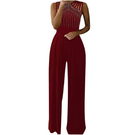 

YWDJ Wide Leg Jumpsuits for Women Dressy Women Diamond Solid Halter Jumpsuit Pajamas Casual Wide Leg Pants Red XS