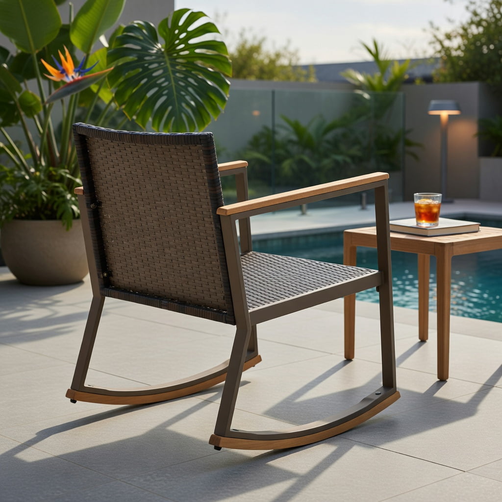 Hommoo 3-Piece Outdoor Rattan Rocking Bistro Set, 2 Rocking Chairs + Coffee Table with Cushions, PE Rattan & Acacia Wood, Weather-Resistant Patio Furniture, White