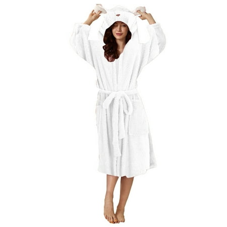 

Nomeni Women S Double Pocket 3d Ear Hooded Flannel Bathrobe Soft And Warm Double Faced Velvet Bathrobe Pajamas And Home Wear