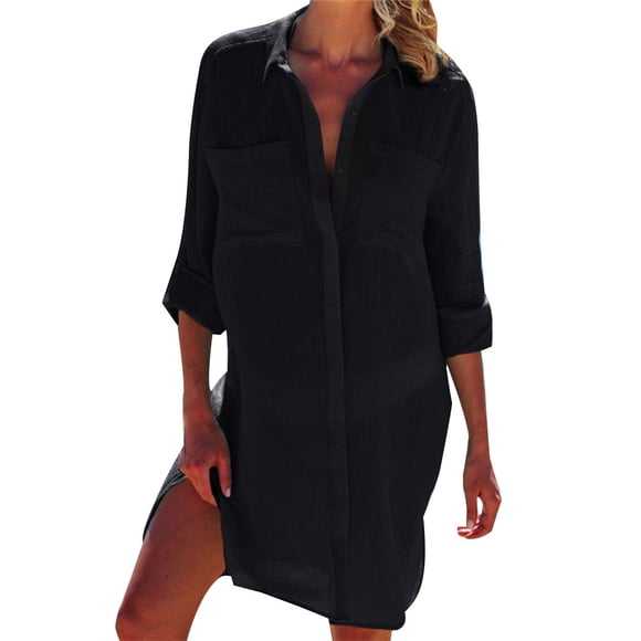 Fortune Women Beach Dress Cover-ups Swimwear Summer Beachwear Mini Shirt Dress