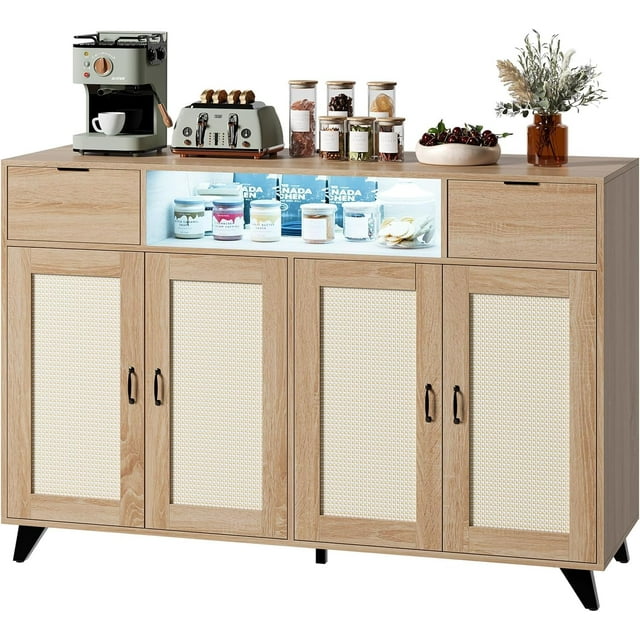 Bingirl Rattan Sideboard Buffet Cabinet with 2 Drawers Storage, 4 Doors Boho Cabinet with Power Outlet and LED Lights, Wood Sideboard Buffet for Living Room